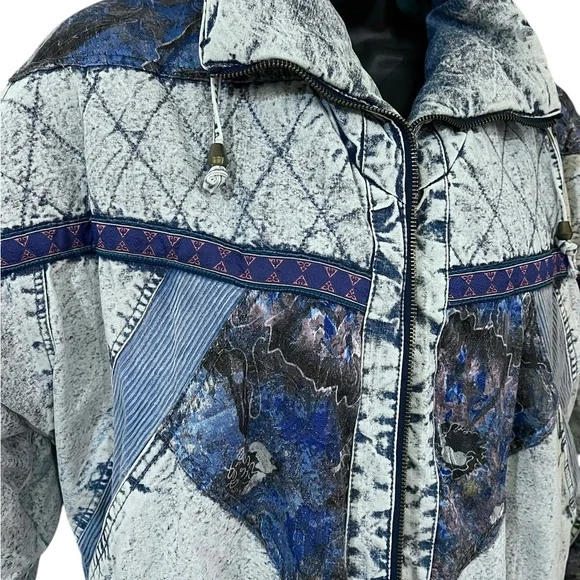 Vtg 80s 90s Acid Wash Denim Puffer Jacket Patchwork Glam Rock Hip Hop Bomber M - Picture 10 of 16
